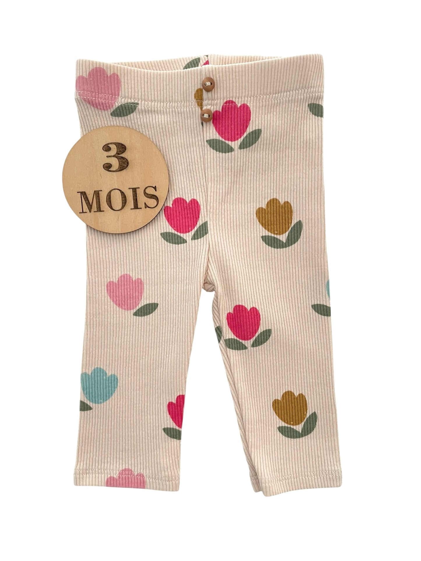 Legging crème, côtelé, fleuri, Kiabi