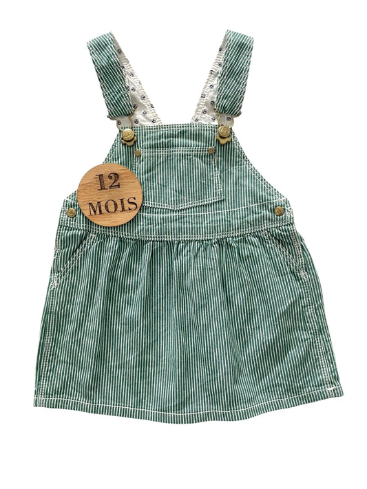 Robe salopette en jean, rayée verte, Petit Bateau