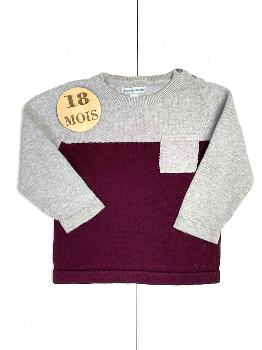 Pull fin gris et bordeaux, Vertbaudet