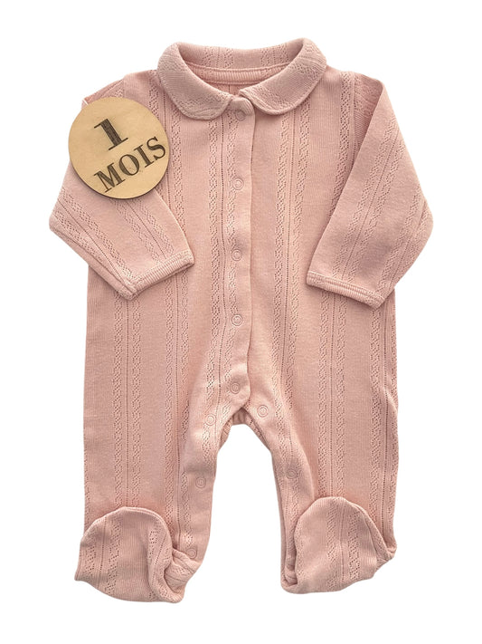 Pyjama coton rose à col, ajouré, Vertbaudet