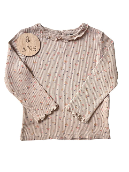 Tee-shirt côtelé beige fleuri, Kiabi