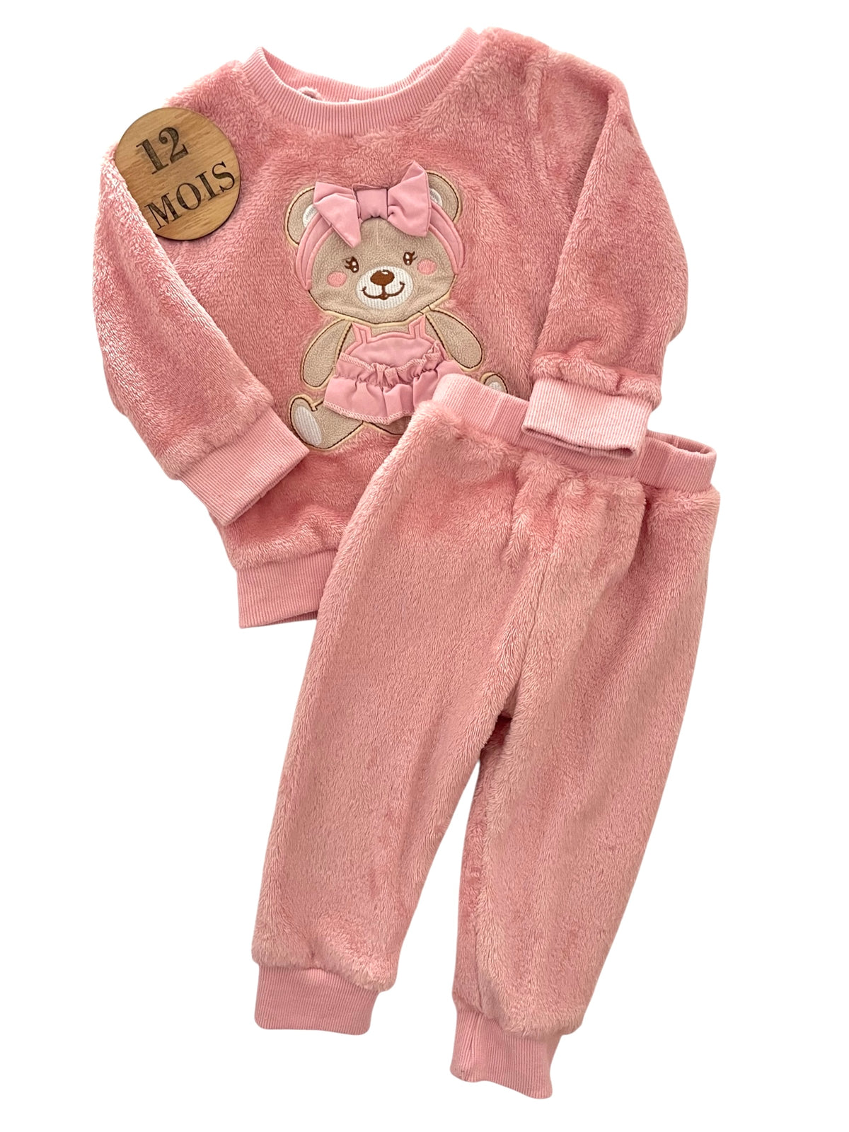 Pyjama velours 2 pièces, rose ourson