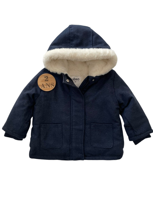 Manteau bleu-marine pailleté, fourré, Gémo