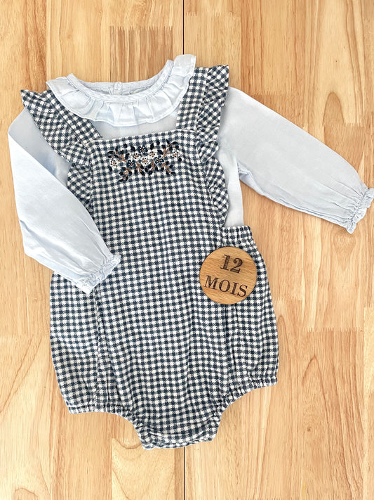 Ensemble barboteuse vichy et blouse bleue - 12 mois