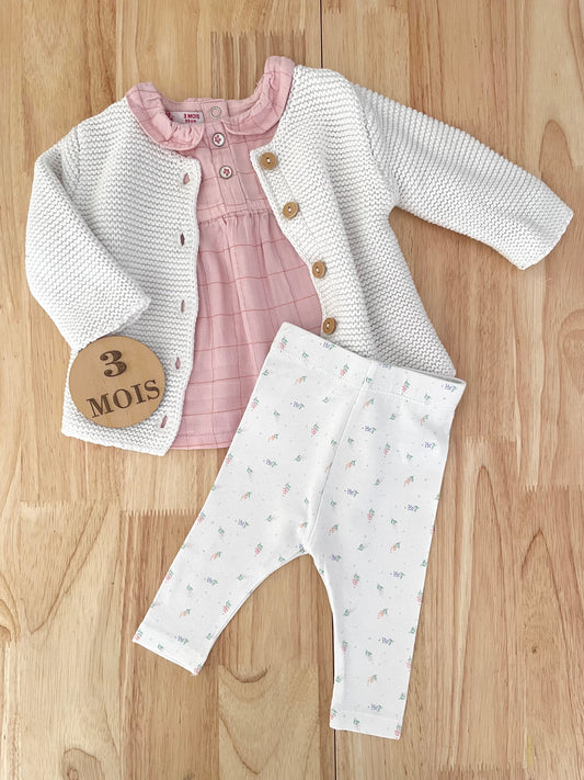 Ensemble 3 pièces ; gilet, blouse à col et legging fleuri