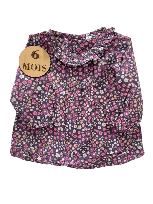 Blouse à col, violette fleurie,